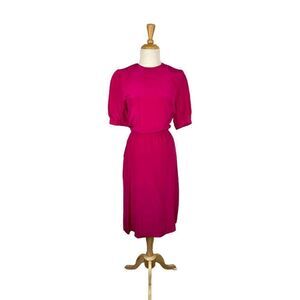 Filene's 6 Vintage 1980s Hot Pink Silk Day Dress Midi Quilted Shoulders